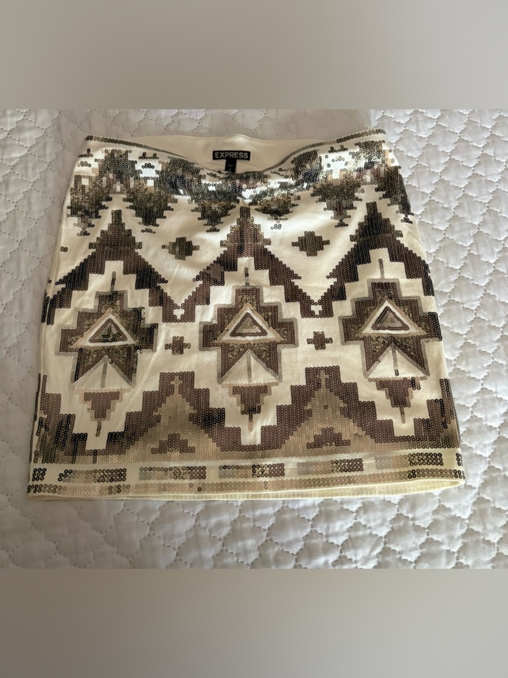Express Ivory Mini Skirt with Gold & Brown Sequin Aztec Motif